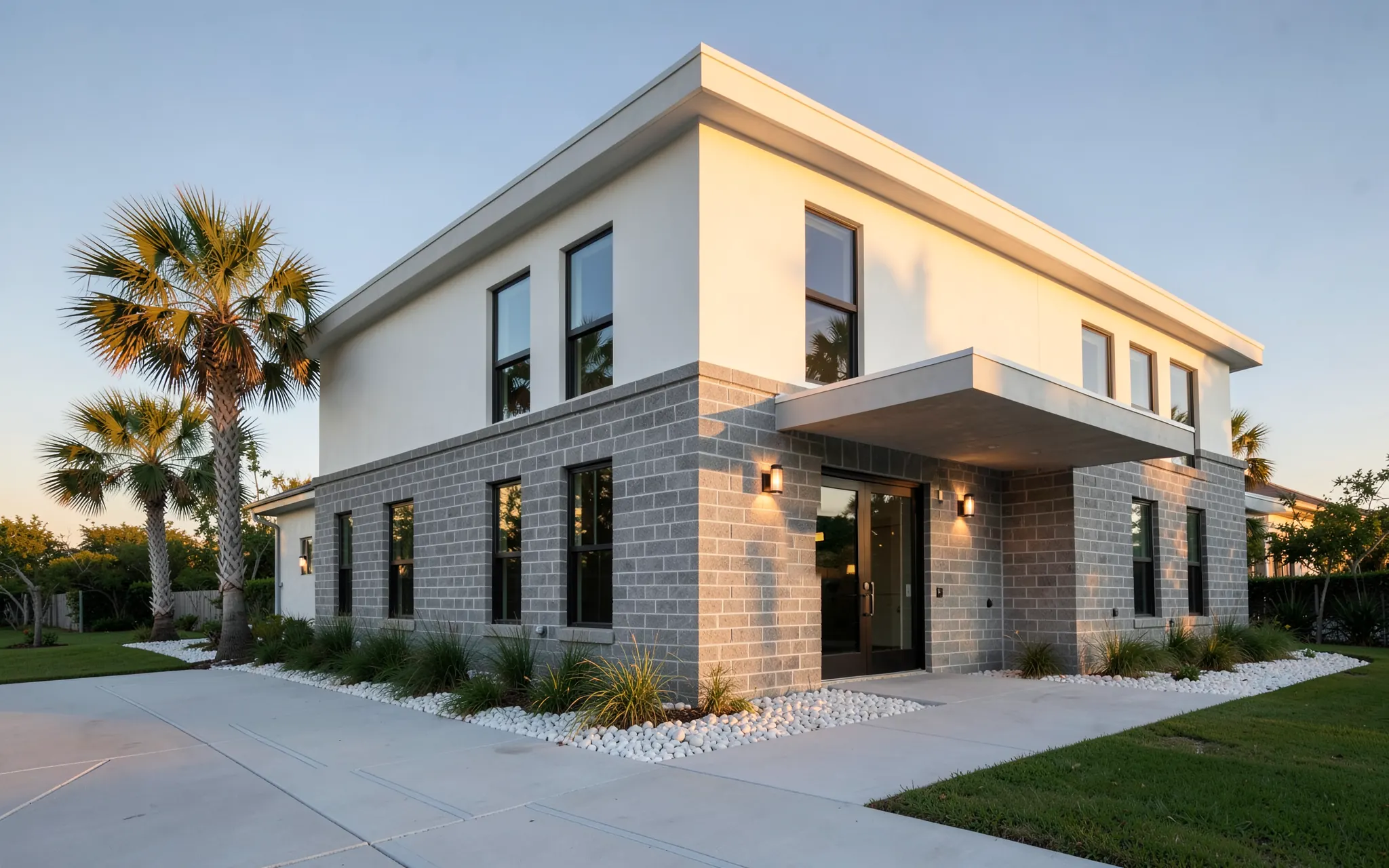 A finished modern home with a split-face block ground storey and white stucco above, a poured concrete drive at golden hour (illustrative, generated).