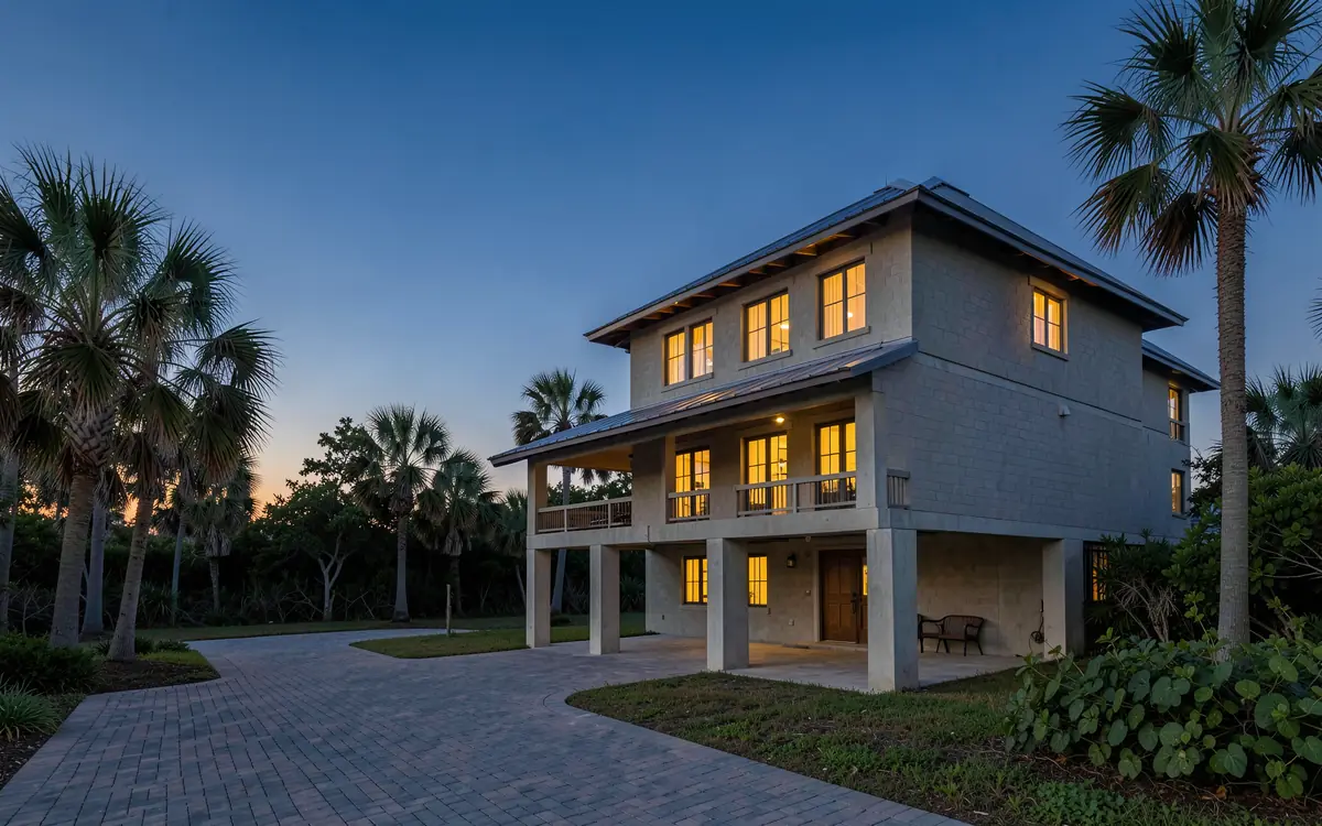 A finished three-storey stuccoed block home raised on concrete piers at dusk, palms around it (illustrative, generated).